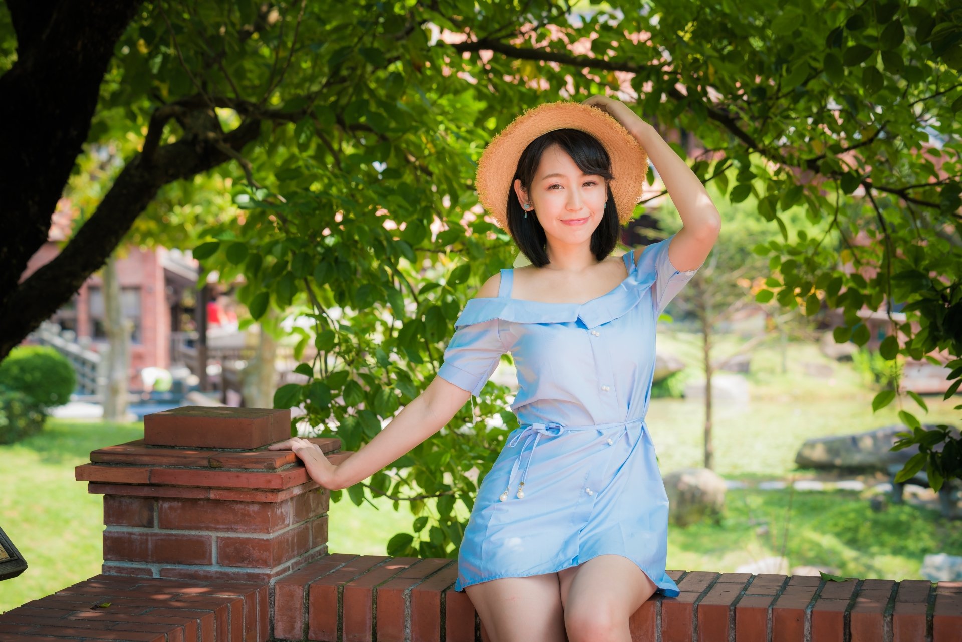 Download Blue Dress Black Hair Depth Of Field Hat Model Woman Asian 4k Ultra HD Wallpaper