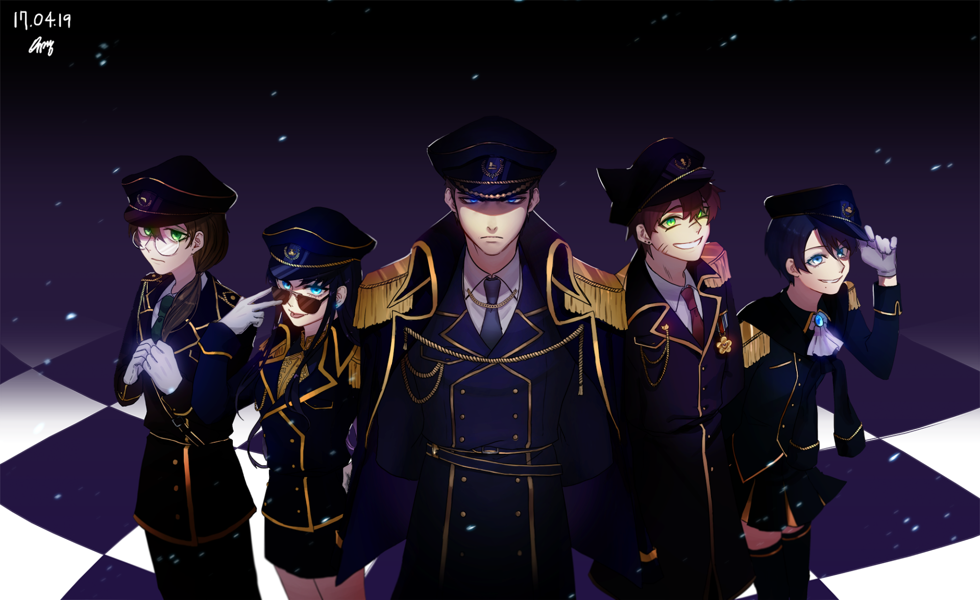 Original anime HD PC desktop wallpaper and background: five navy-gold uniformed characters under a starry sky, dramatic lighting, and a checkered floor, featuring blue and green eyes.