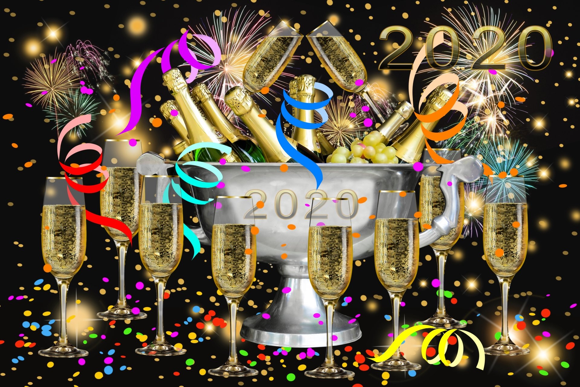 Download Fireworks Champagne Fruit Holiday New Year 2020 HD Wallpaper