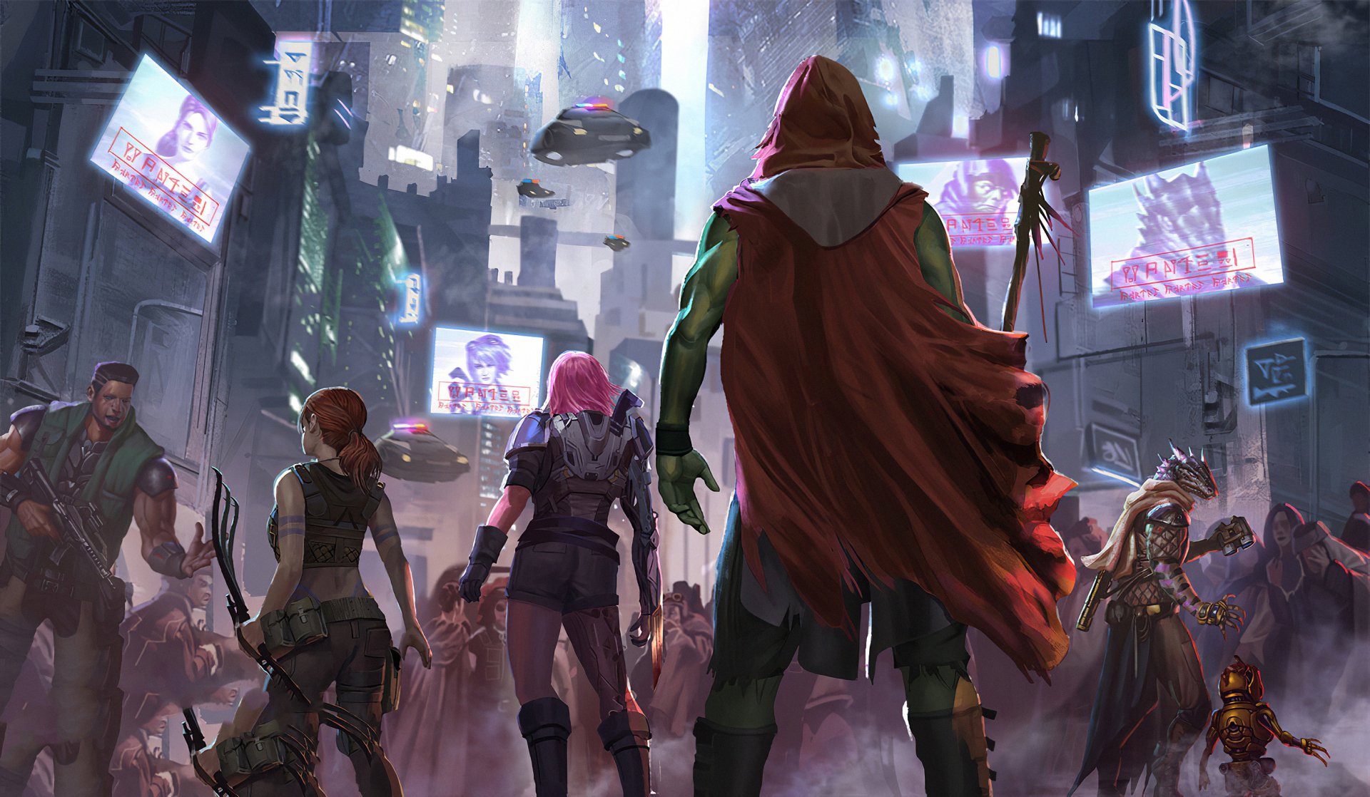 A cyberpunk cityscape featuring a diverse group of futuristic people amidst neon-lit skyscrapers and flying vehicles, rendered as an HD PC desktop wallpaper.