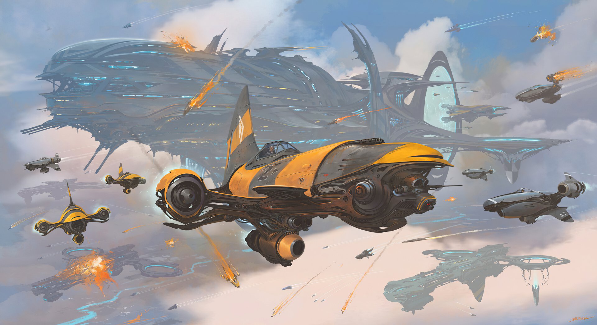 Sci‑Fi 2K Quad HD PC desktop wallpaper/background: a yellow‑and‑black spaceship flies past colossal floating carriers and swarms of fighters above cloudy skies.