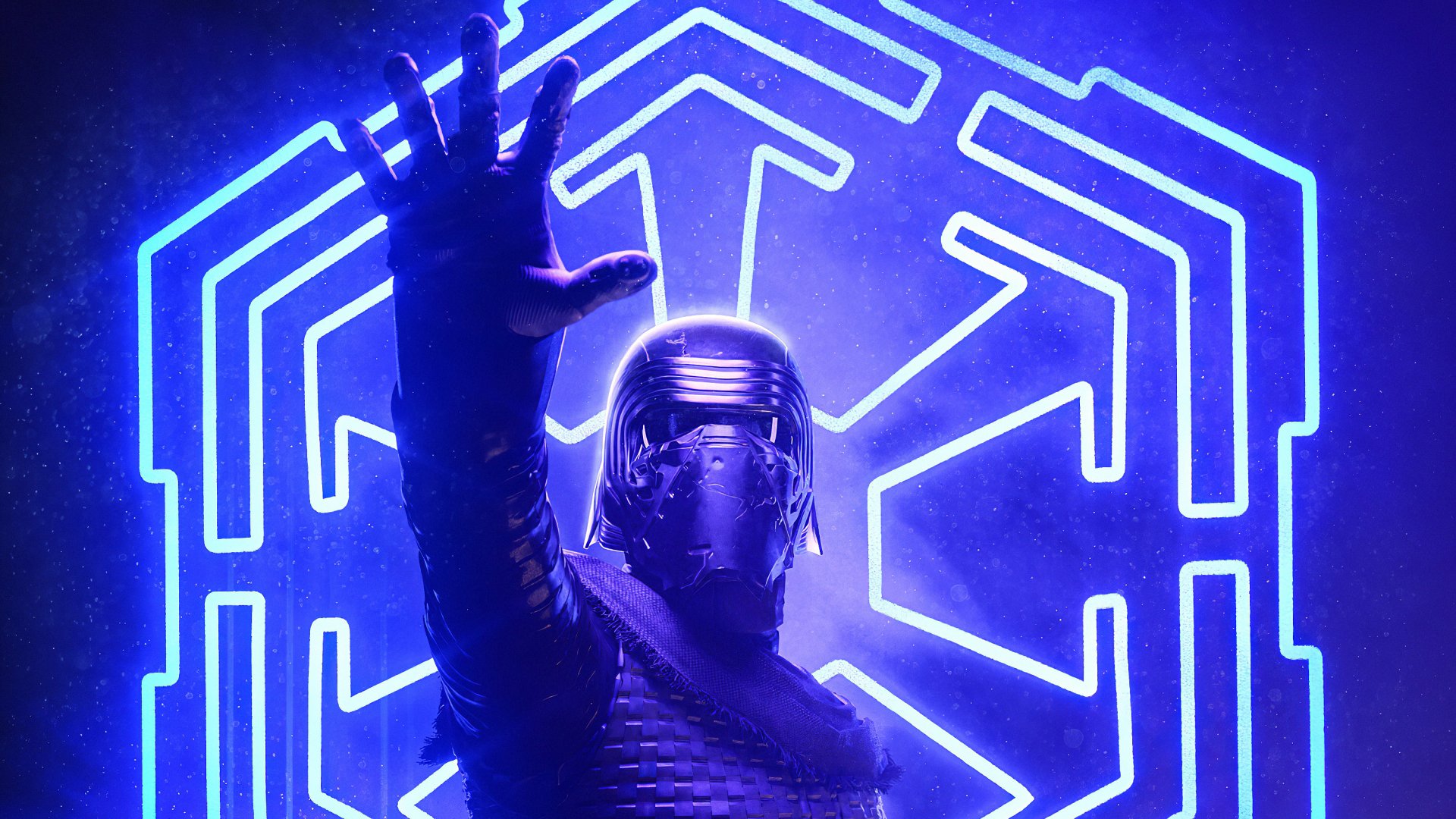 HD PC desktop wallpaper of Kylo Ren from Star Wars, featuring a glowing blue sci-fi background with the First Order emblem illuminating behind him.