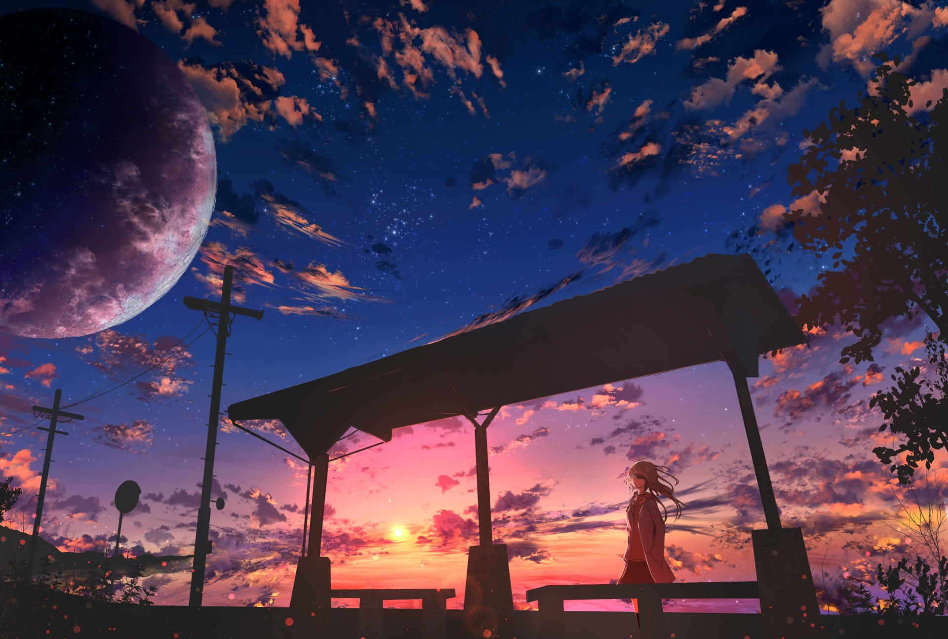 Anime-style HD wallpaper featuring a silhouette of a person at a bus stop during a vibrant sunset, with a starry sky and a large planet in the background.