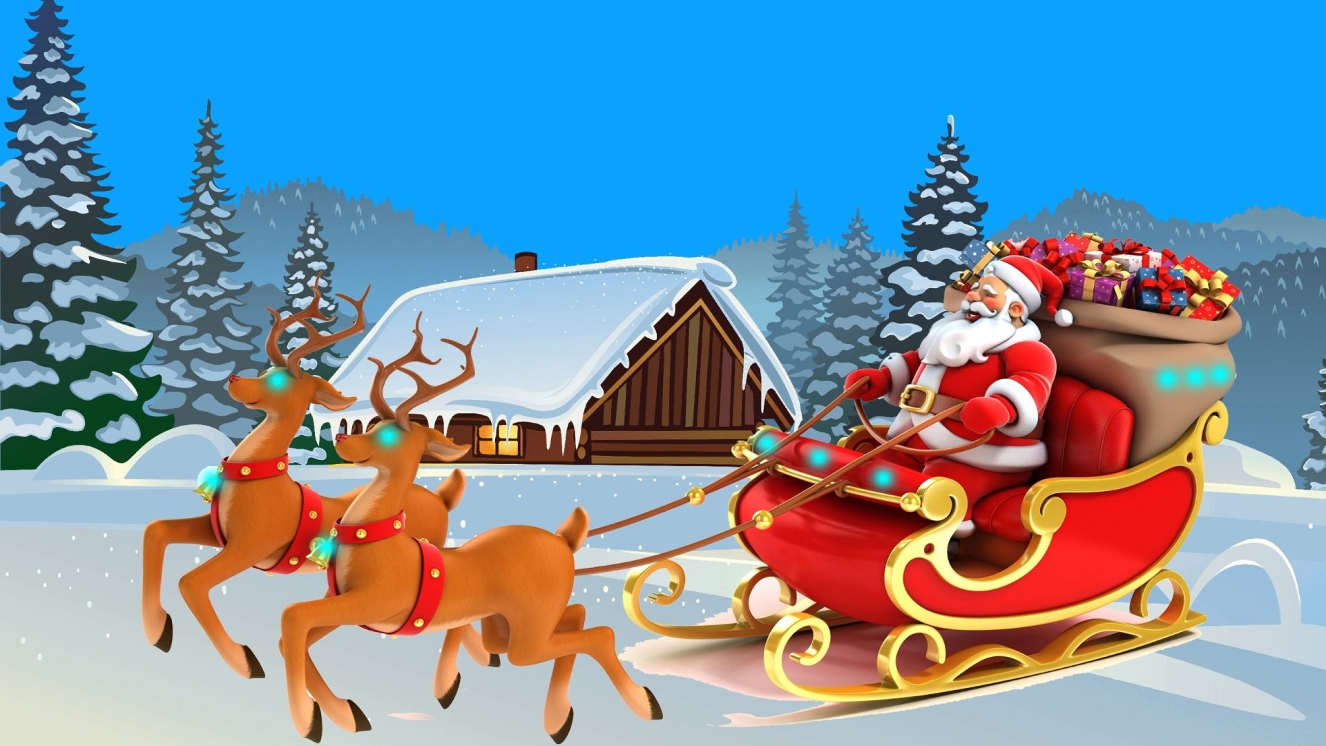 Download Tree Snow Cabin Reindeer Sleigh Santa Holiday Christmas HD ...