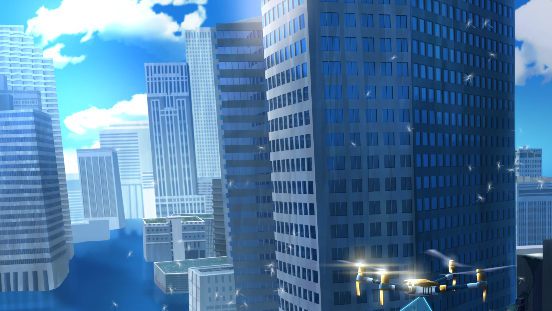 HD PC desktop wallpaper/background: anime cityscape with glass skyscrapers rising over water beneath a bright blue sky, a small drone hovering near one of the buildings.