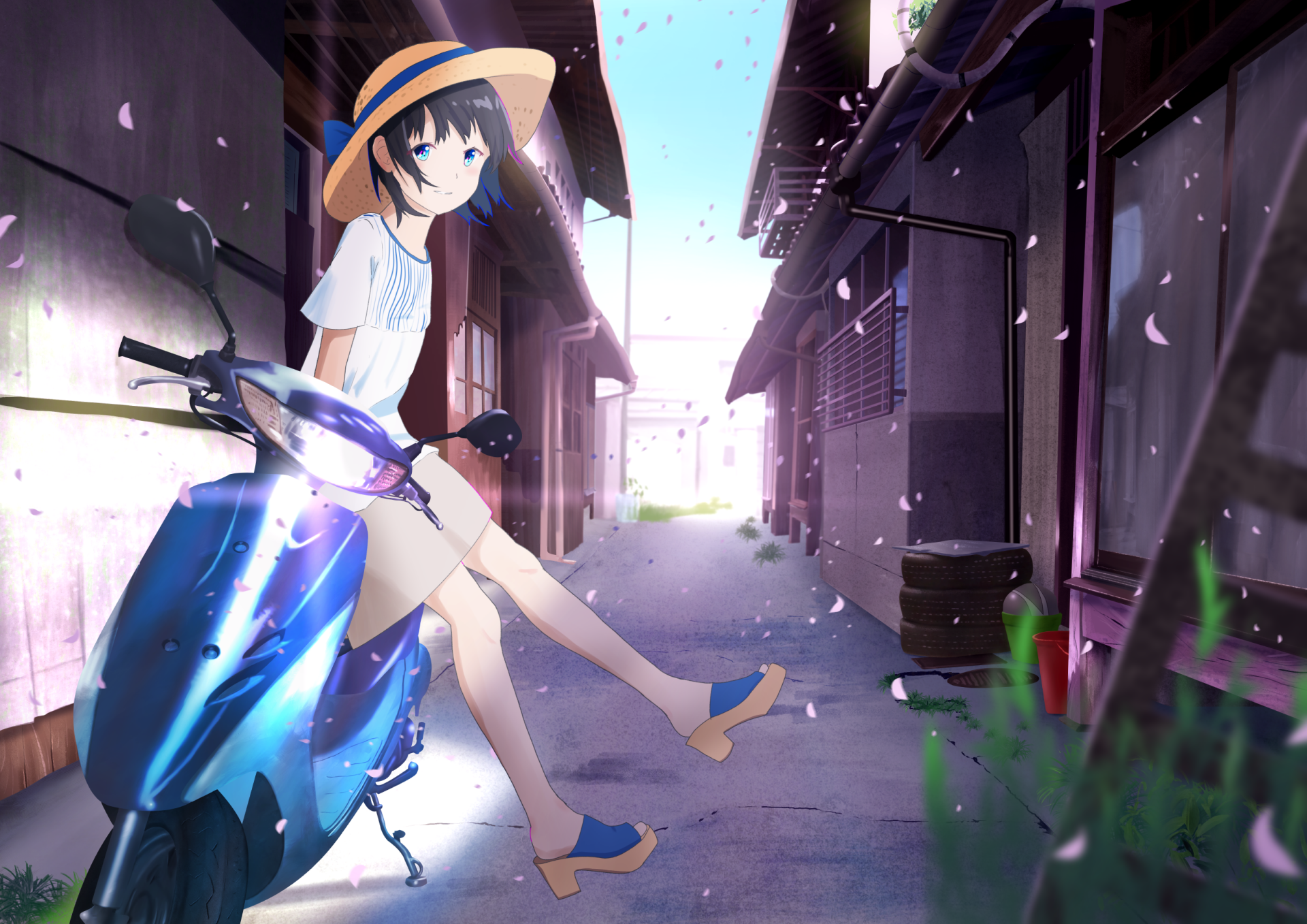 Download Alley Cherry Blossom Scooter Anime Original HD Wallpaper by 雪町
