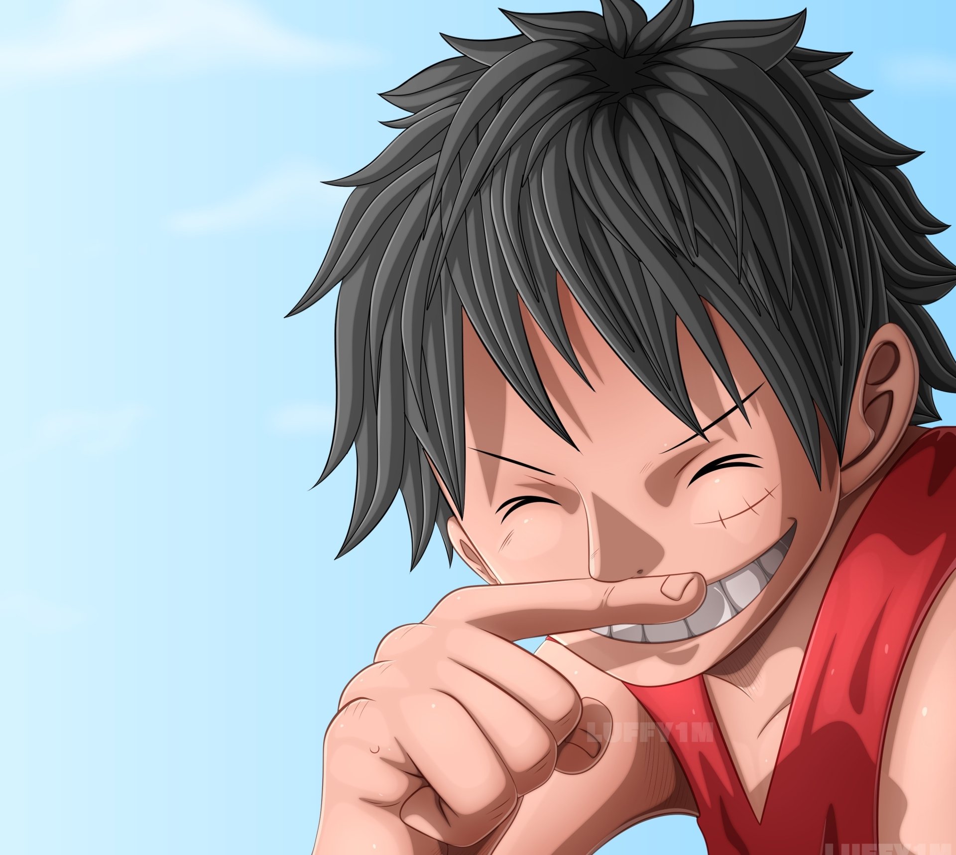 HD PC desktop wallpaper featuring Monkey D. Luffy from the anime One Piece, smiling against a clear blue sky background.
