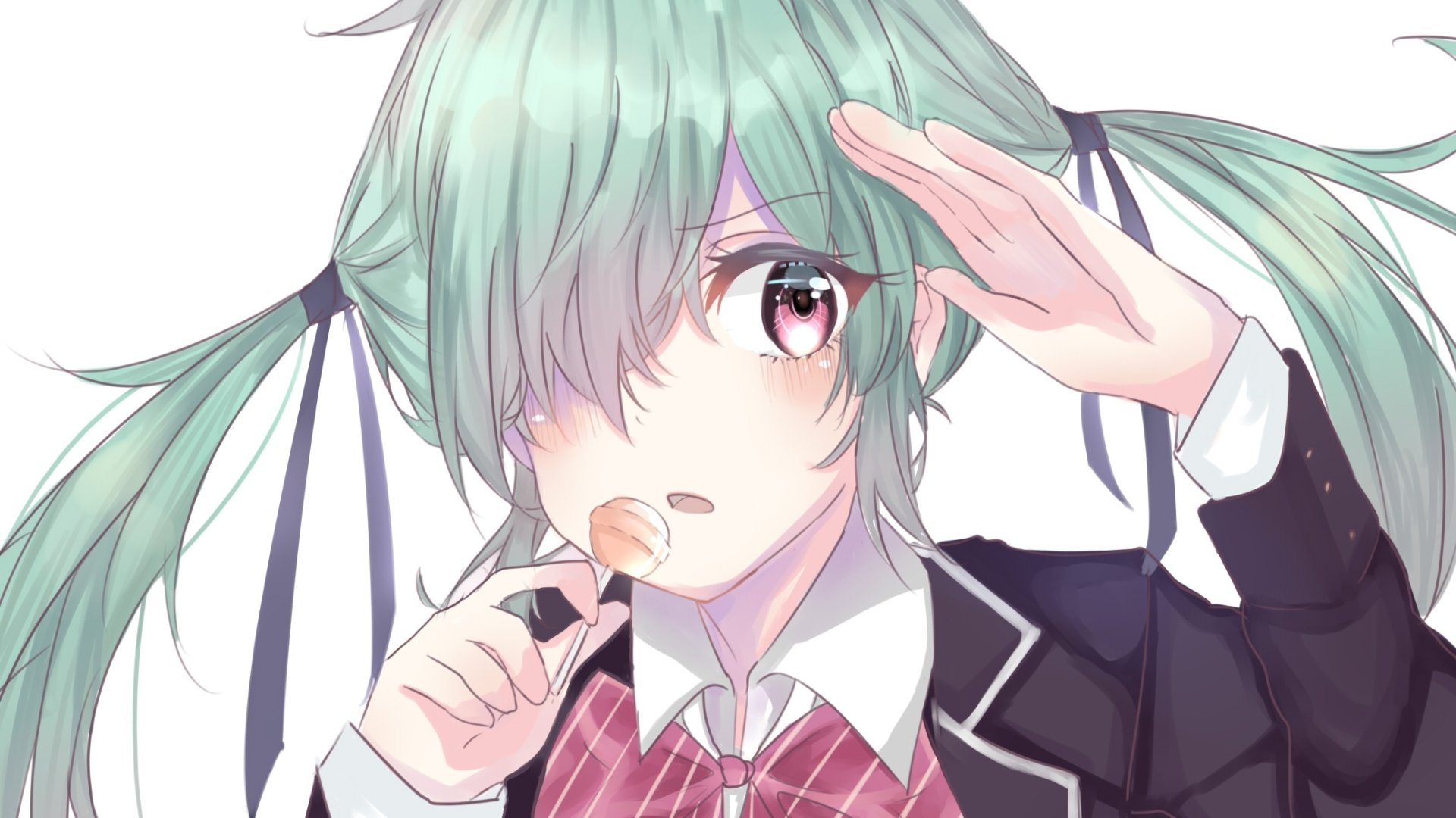 Noa Takigawa from the anime Yamada-kun and the Seven Witches, shown in a detailed HD desktop wallpaper with her mint-green hair and school uniform.