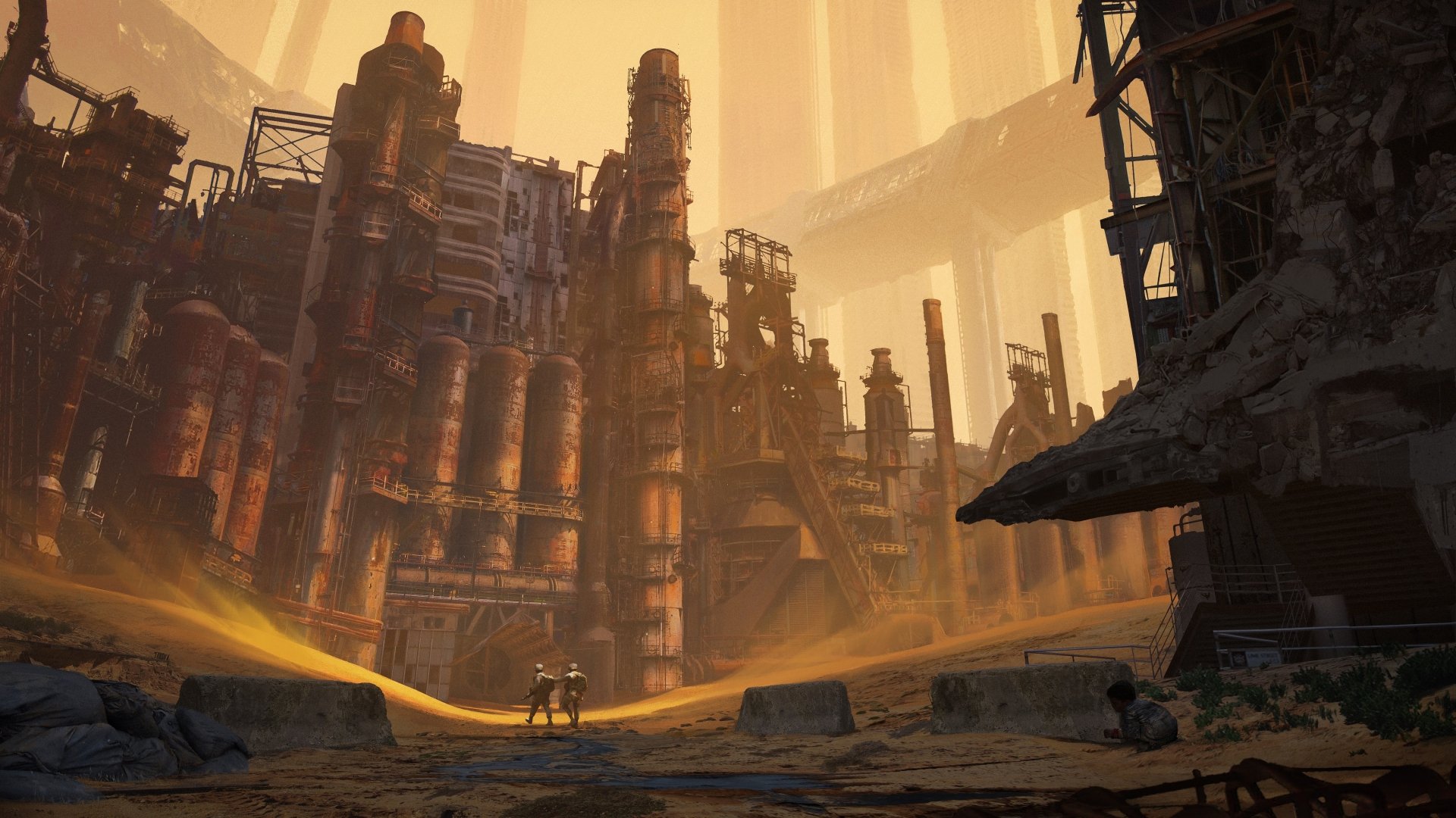 Post-apocalyptic sci-fi landscape with towering industrial ruins under an orange sky, rendered in detailed 4K Ultra HD for PC desktop wallpaper.