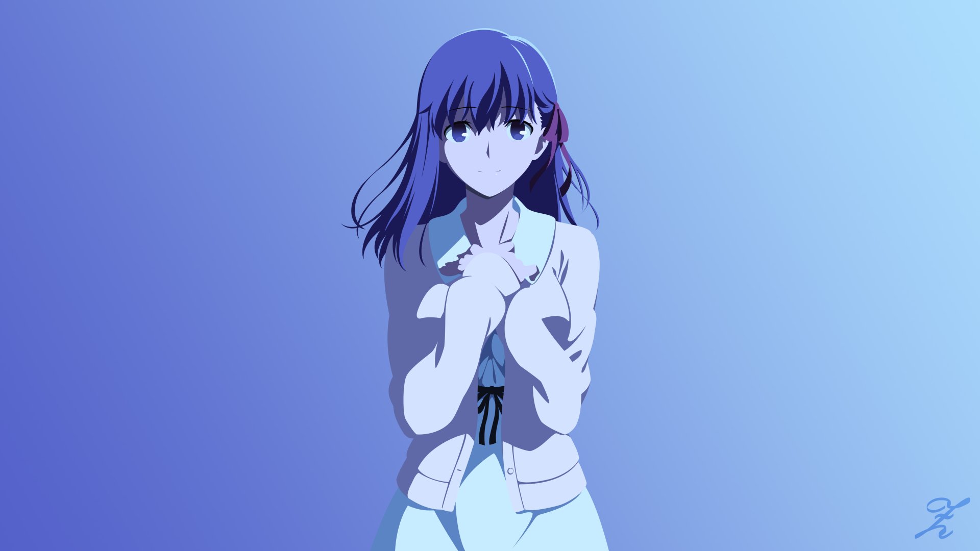 Sakura Matou from Fate/Stay Night: Unlimited Blade Works stands against a soft blue background in this 4K Ultra HD anime desktop wallpaper.