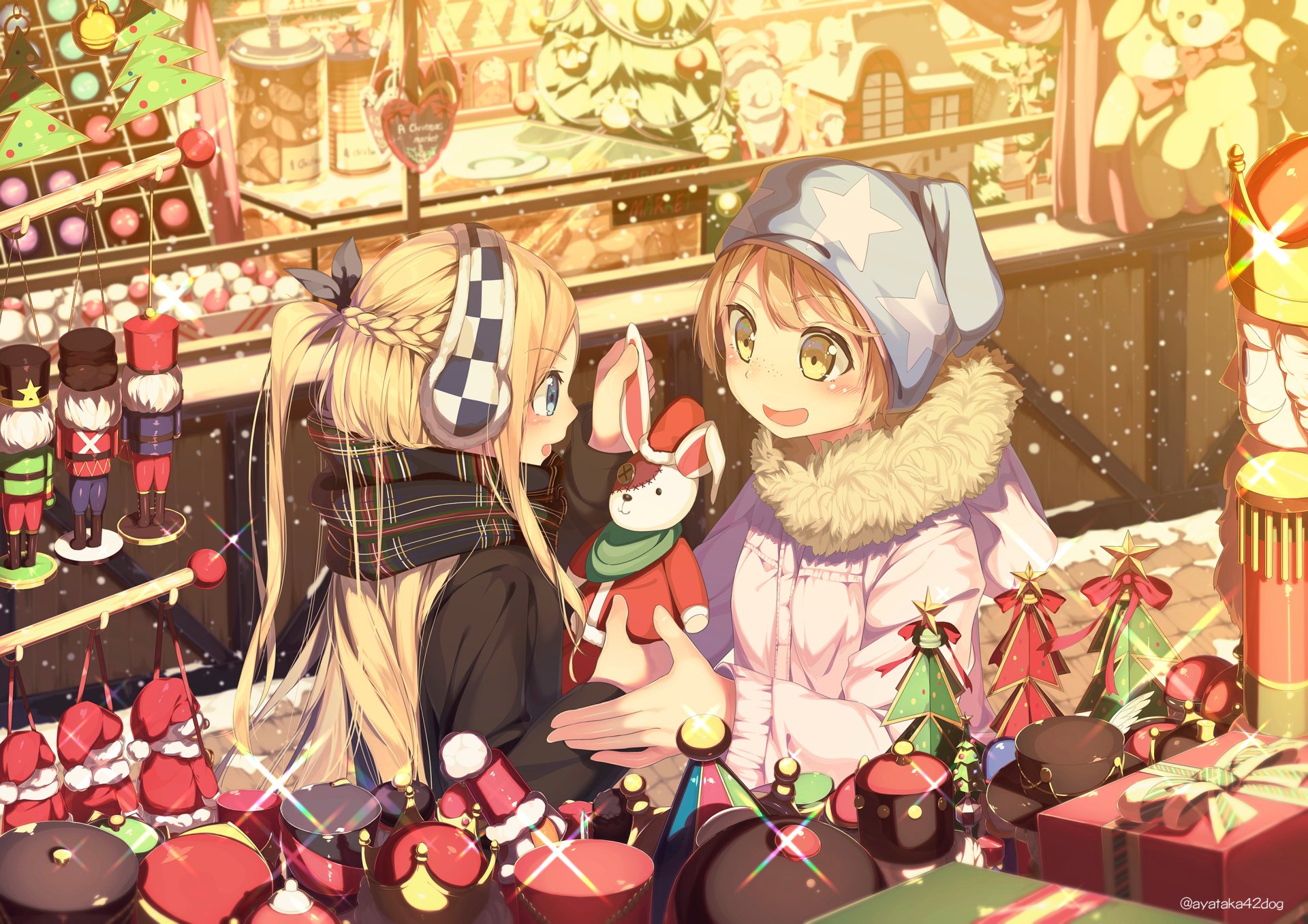 Anime-style Christmas scene featuring two characters exchanging gifts amidst festive decorations, rendered as an HD PC desktop wallpaper and background.