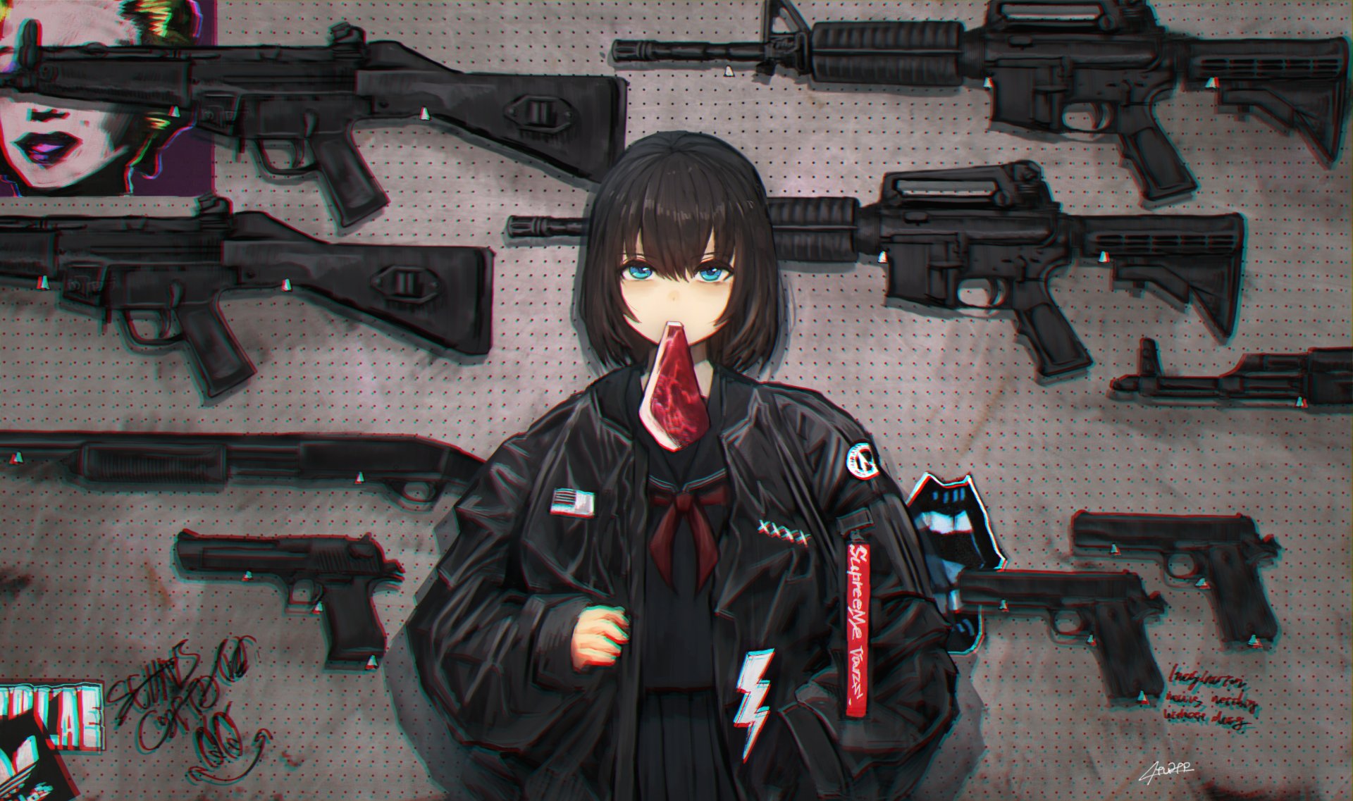 Anime-style HD desktop wallpaper featuring a black-haired character holding a gun, surrounded by various firearms mounted on a wall.