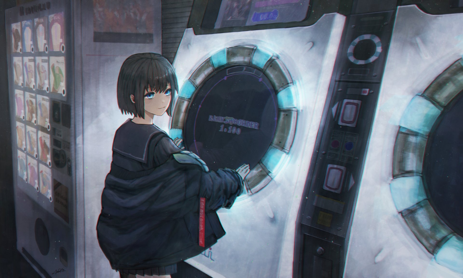 Anime-style 4K Ultra HD desktop wallpaper featuring a blue-eyed character with short black hair interacting with a futuristic, neon-lit machine.