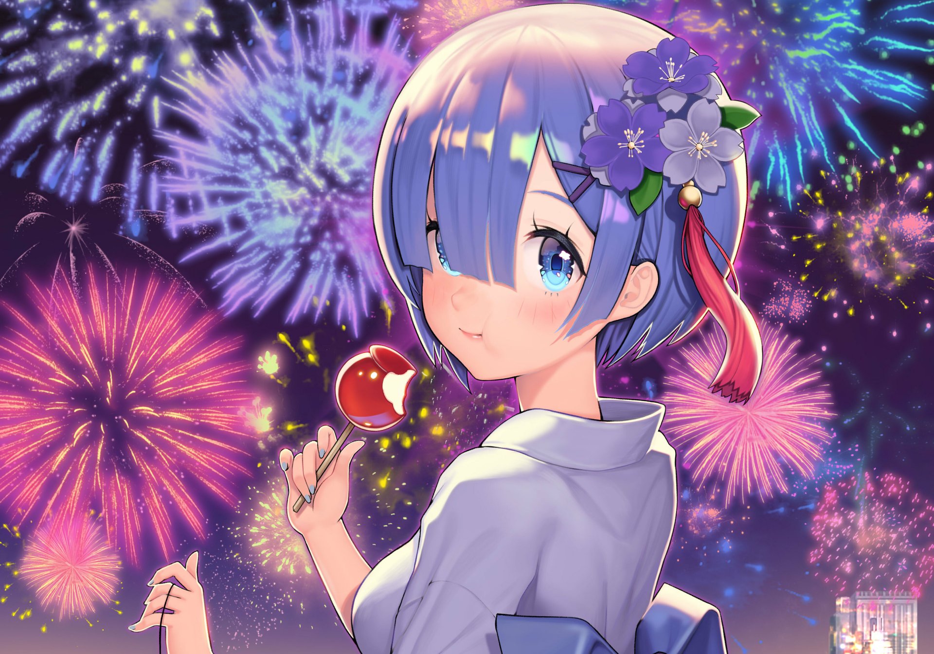 HD anime PC wallpaper featuring Rem from Re:Zero - Starting Life in Another World, with vibrant fireworks lighting up the night sky behind her.