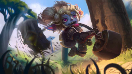 HD PC wallpaper of Poppy (League of Legends): energetic yordle warrior leaping with her hammer through a sunlit forest — vibrant video game desktop background.