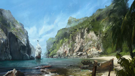 HD PC desktop wallpaper depicting a fantasy pirate ship sailing through a narrow, rocky coastal inlet surrounded by lush cliffs and calm waters.