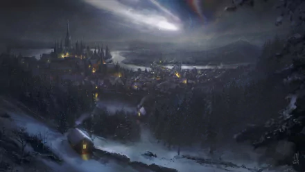 HD PC desktop wallpaper of a snowy fantasy city at night, illuminated by warm lights under a cloudy, moonlit sky.