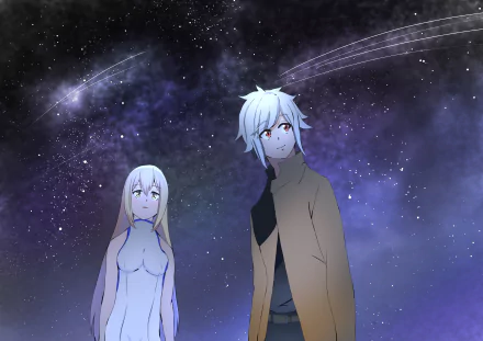 4K Ultra HD desktop wallpaper of Bell Cranel and Aiz Wallenstein from Is It Wrong to Try to Pick Up Girls in a Dungeon?, standing beneath a starry, purple-hued night sky.