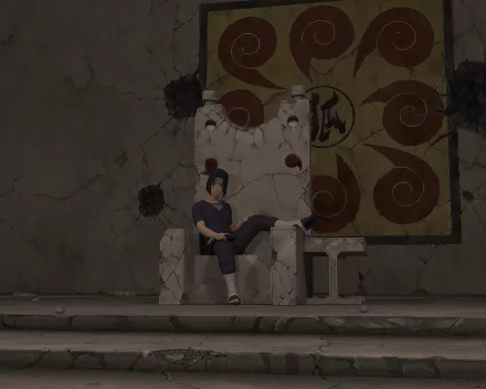 Itachi Uchiha from Naruto seated on a carved stone chair beneath a large red Sharingan emblem, moody anime scene, 2K Quad HD PC desktop wallpaper/background.