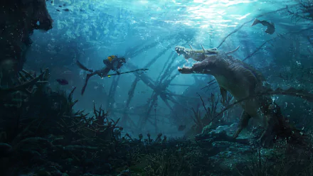 Underwater fantasy scene featuring a diver confronting a massive sea monster resembling a crocodile, rendered as a vivid HD PC desktop wallpaper and background.