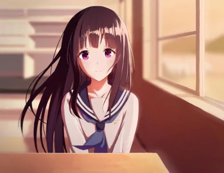 Eru Chitanda from the anime Hyouka gazes thoughtfully out a window, captured in a vibrant HD wallpaper showcasing her expressive eyes and serene atmosphere.