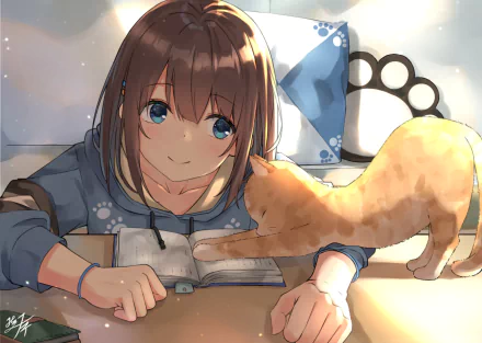 An HD desktop wallpaper featuring an anime character with brown hair and blue eyes reading a book, accompanied by an orange cat. A paw print cushion is in the background.