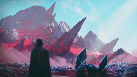 Star Wars sci-fi HD PC desktop wallpaper: Darth Vader silhouetted on an alien shoreline as a TIE Fighter hovers over jagged red mountains beneath a pale blue sky.
