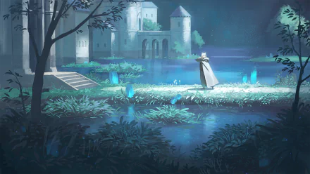 An HD anime wallpaper depicting an original scene of a cloaked figure walking on a path near a mystical castle surrounded by glowing blue crystals and a serene lake.