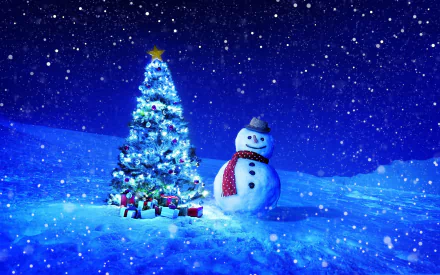 A festive HD wallpaper featuring a decorated Christmas tree with gifts, a cheerful snowman, and a snowy winter night, capturing the holiday spirit.

