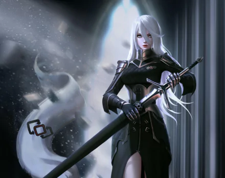 A white-haired woman warrior with long hair grips a sword, standing confidently in a dark, fantasy-themed HD desktop wallpaper background.
