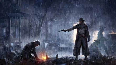 HD PC wallpaper: rain-soaked western fantasy scene — cloaked warrior gunslinger points pistol at a kneeling foe by a small fire, riders' silhouettes looming in the storm.