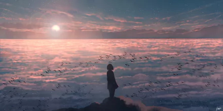 Anime-style HD desktop wallpaper of a person standing on a cliff, overlooking a sunset sky filled with stars and birds flying.