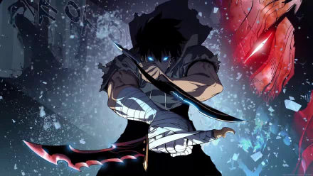 HD desktop wallpaper featuring Sung Jin-Woo from the anime Solo Leveling, with an intense, action-packed scene showcasing dynamic colors and captivating character design.