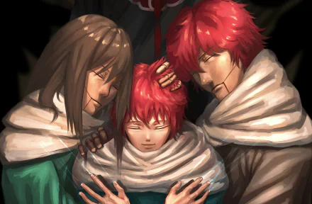 4K Ultra HD Naruto anime wallpaper featuring Sasori's parents embracing a young Sasori, capturing a tender family moment with detailed, vibrant colors.