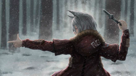 A HD wallpaper featuring a character with animal ears and white hair from Projekt Red (Arknights), holding a knife in a snowy forest.