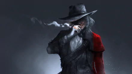 HD desktop wallpaper featuring a smoldering character from Red Dead Redemption 2, dressed in a black coat and hat with a red sleeve, exuding a mysterious and rugged Western vibe.