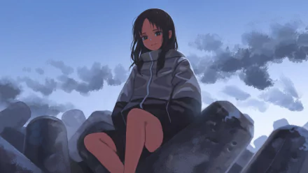 HD anime original artwork features a girl with long dark hair sitting on rocks under a moody, cloudy sky, designed as a PC desktop wallpaper and background.