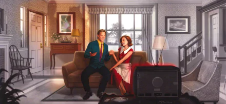 HD desktop wallpaper featuring Scarlet Witch (Wanda Maximoff) and Vision from the Marvel Comics TV show WandaVision, set in a retro living room scene.