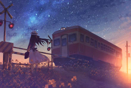 A serene anime scene featuring a train at sunset, surrounded by flowers, under a starry sky with a shooting star, creating a magical atmosphere. HD desktop wallpaper.
