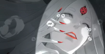 HD PC desktop wallpaper featuring Kaguya Ōtsutsuki from Naruto, highlighted with glowing eyes and intricate red markings on her forehead and nails.