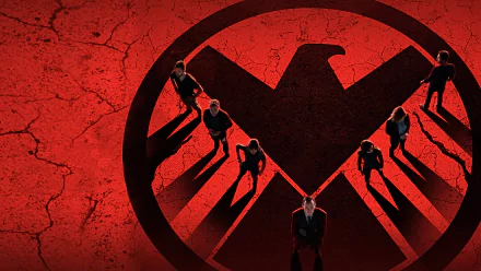 4K Ultra HD desktop wallpaper featuring the Agents of S.H.I.E.L.D. team standing on a cracked red surface with the S.H.I.E.L.D. emblem casting long shadows.