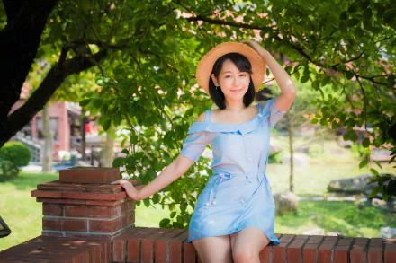 blue dress black hair depth of field hat model woman asian HD Desktop Wallpaper | Background Image