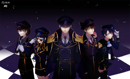 Original anime HD PC desktop wallpaper and background: five navy-gold uniformed characters under a starry sky, dramatic lighting, and a checkered floor, featuring blue and green eyes.