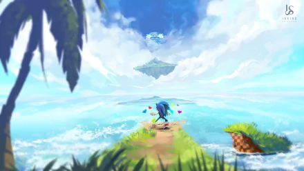 HD PC desktop wallpaper featuring Sonic the Hedgehog overlooking a bright, expansive ocean with a floating island in the sky, inspired by the video game series.