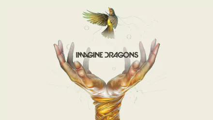 HD PC desktop wallpaper of wrapped golden hands releasing a small bird above the bold IMAGINE DRAGONS text — music-themed background.