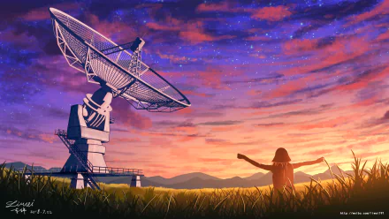 Anime-style HD desktop wallpaper featuring a vibrant sunset merging into a starry sky, with a large satellite dish and a person reaching toward the colorful horizon.