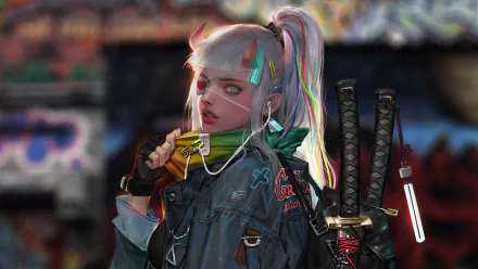 Futuristic cyberpunk woman warrior with white hair in a ponytail, wearing an eye patch and holding a glowing device, set against a vibrant urban backdrop.
