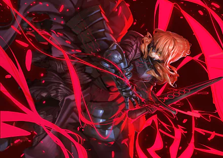 Saber Alter from Fate/Grand Order in dark armor, wielding a sword amid red energy swirls, rendered as a vibrant 4K Ultra HD anime PC desktop wallpaper.