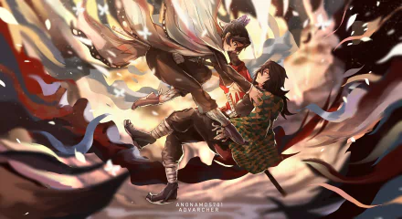 HD PC desktop wallpaper featuring Giyuu Tomioka and Shinobu Kochou from the anime Demon Slayer: Kimetsu no Yaiba in dynamic action poses.