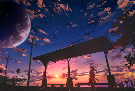 Anime-style HD wallpaper featuring a silhouette of a person at a bus stop during a vibrant sunset, with a starry sky and a large planet in the background.